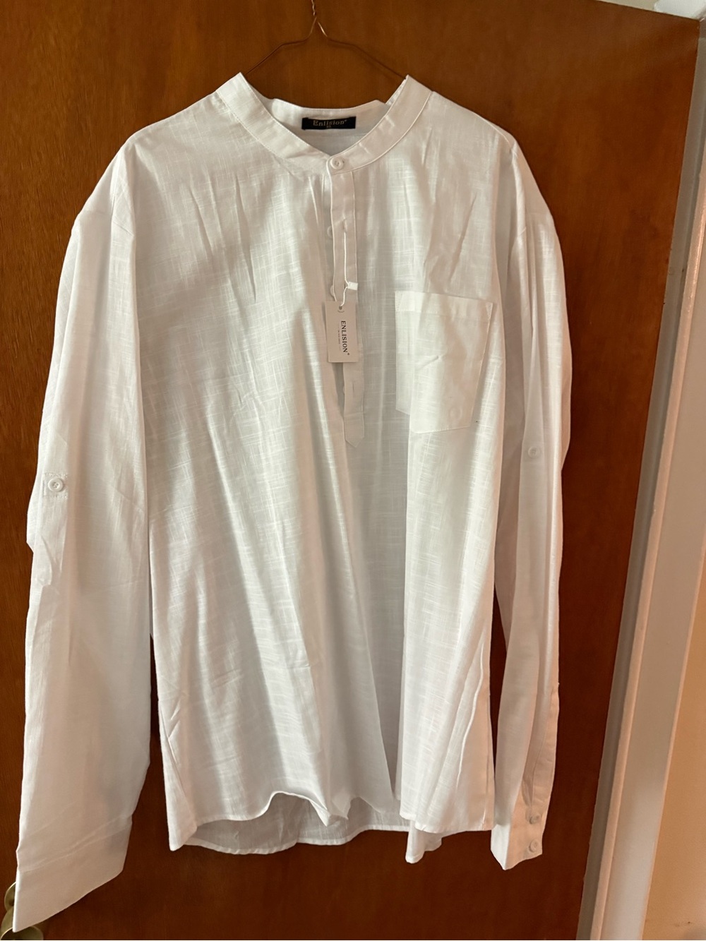 Men's White Linen Blend Band Collar Shirt